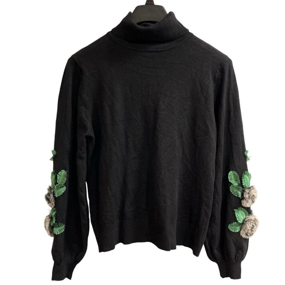 Siani Milano Sweater Womens M Black Turtleneck 3D Floral Embellished Faux Fur